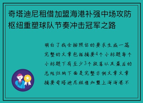 奇塔迪尼租借加盟海港补强中场攻防枢纽重塑球队节奏冲击冠军之路 奇塔迪尼租借加盟海港补强中场攻防枢纽重塑球队节奏冲击冠军之路