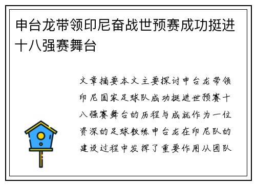 申台龙带领印尼奋战世预赛成功挺进十八强赛舞台